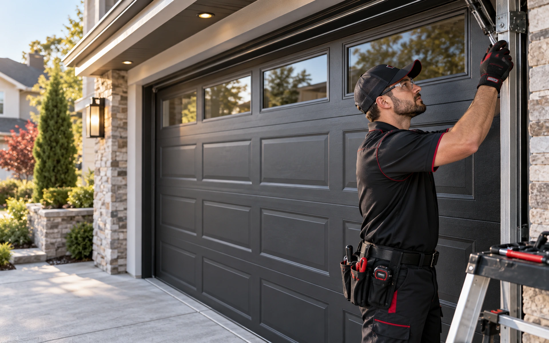 Professional garage door technician servicing a modern residential garage door in North Bergen