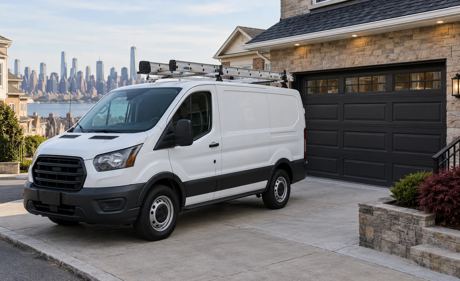 M&C Garage Door Repair North Bergen service van beside a residential garage
