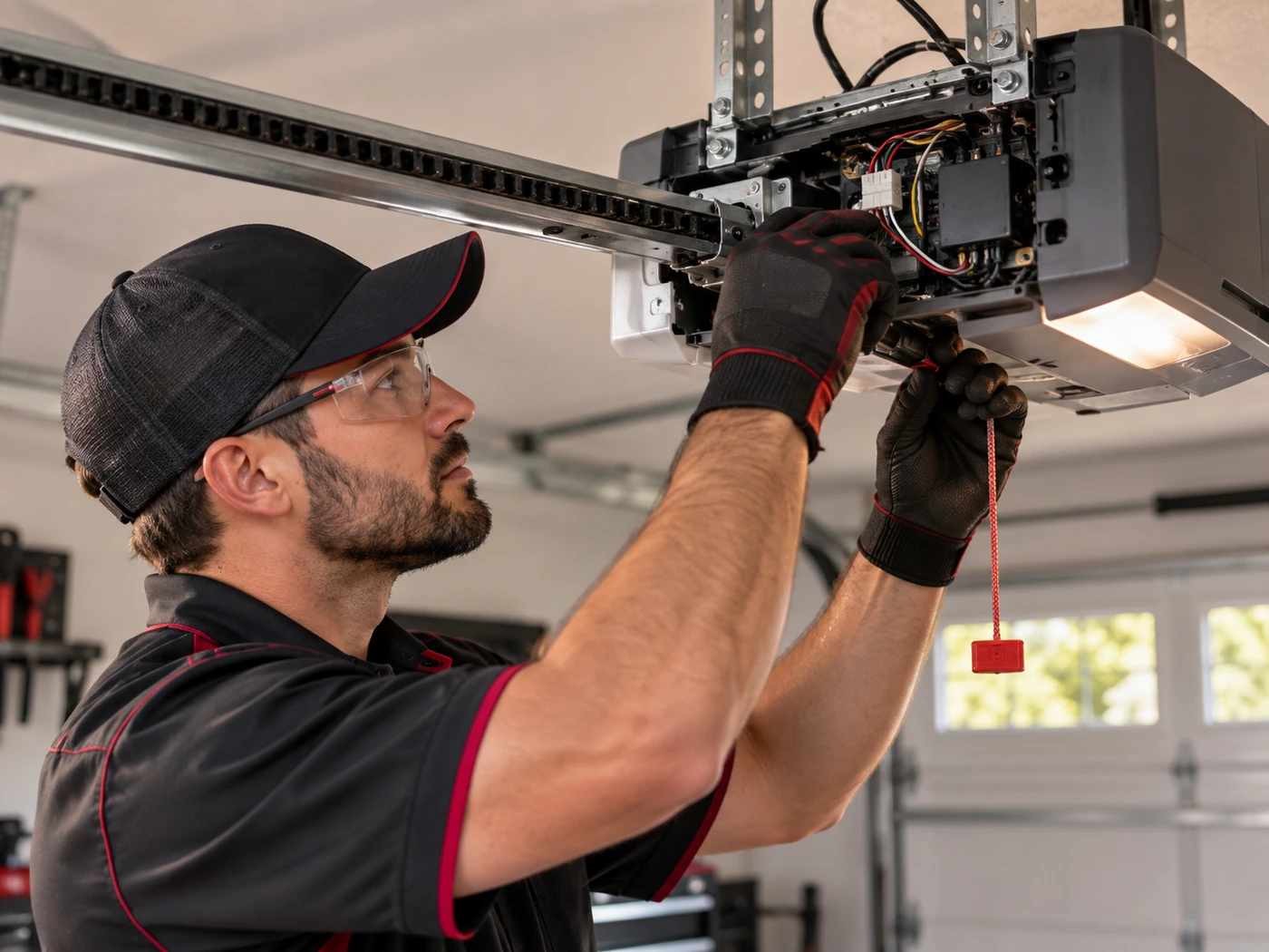 Garage door opener being serviced