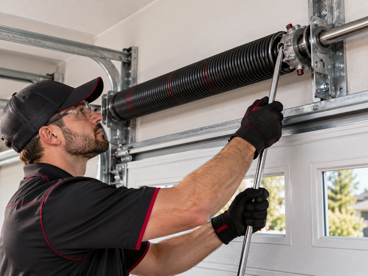 Garage door spring repair close-up