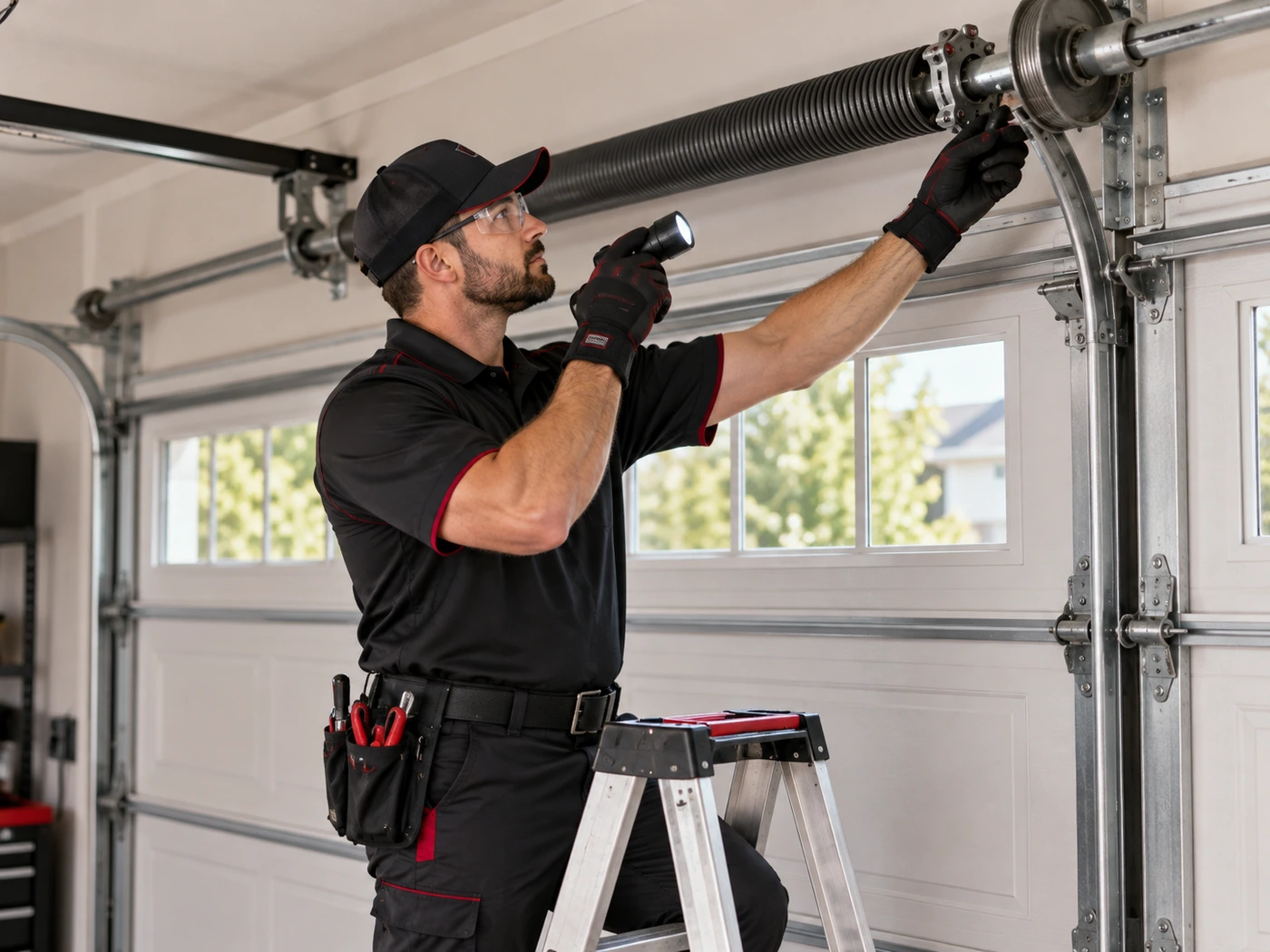 Garage door spring system being inspected